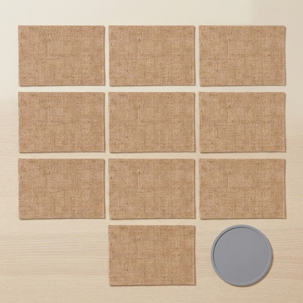 Nine square tan woven placemats arranged in a grid on a light wood surface, with one gray round coaster placed at the bottom right.