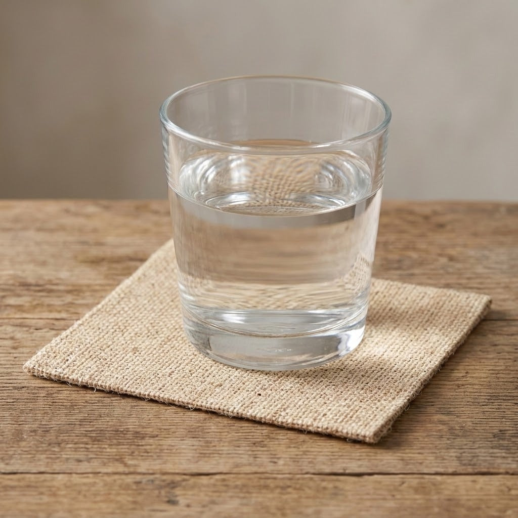 A clear glass tumbler filled with water, placed on a square woven beige coaster over a rustic wooden table against a soft neutral background.