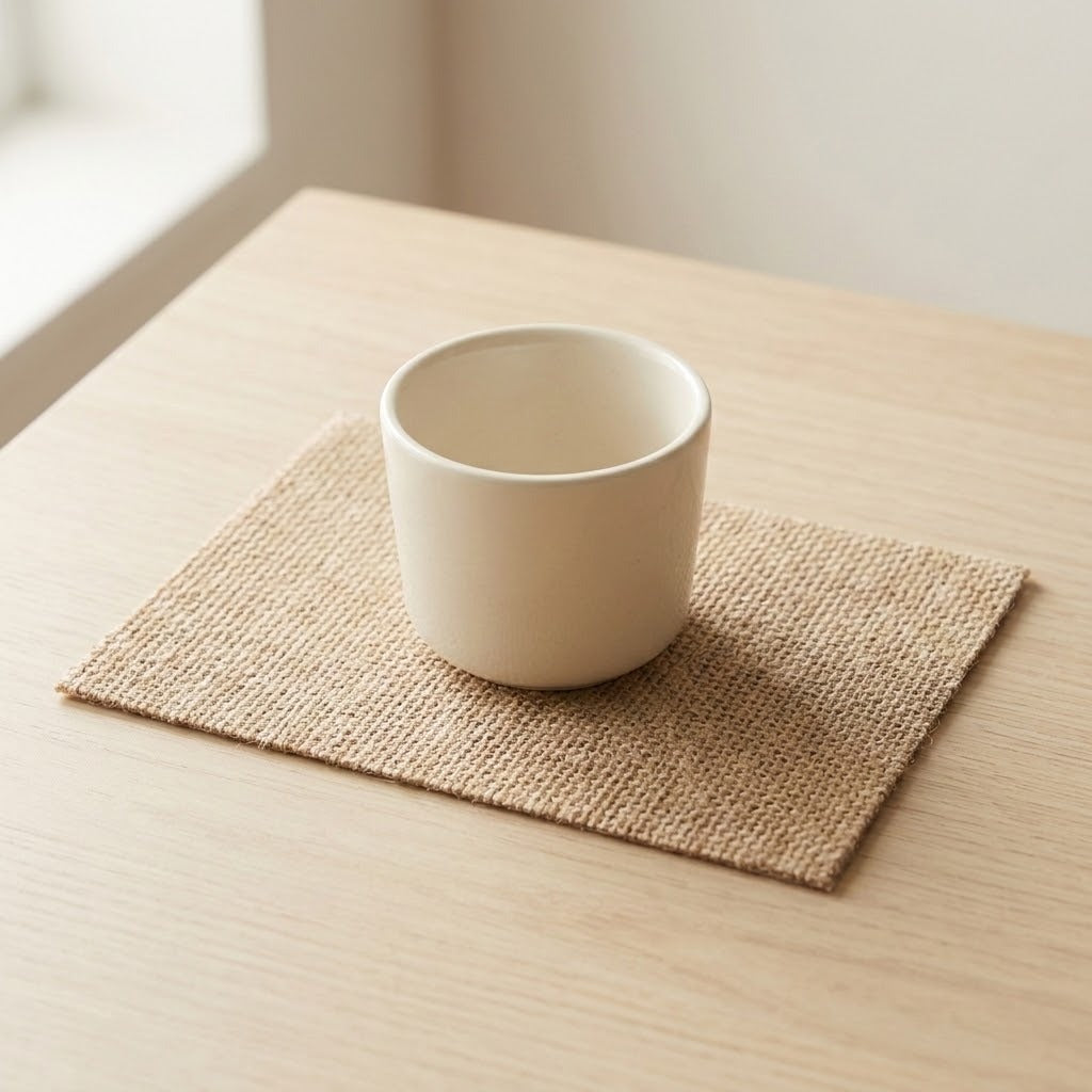 A cream ceramic cup rests on a rectangular beige burlap coaster on a light wooden table beside a window.
