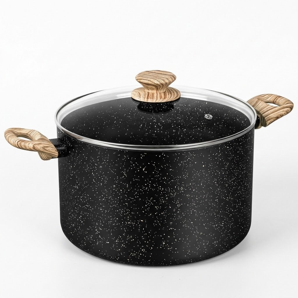 A black speckled enamel saucepan with a clear glass lid and light brown wooden handles and knob, shown on a white background.