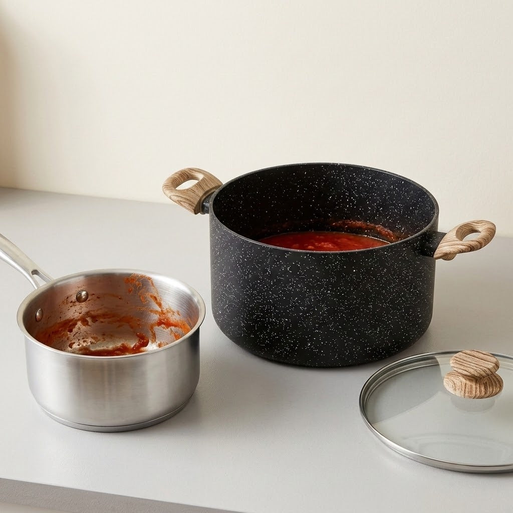 A black speckled saucepan with a glass lid and light wood handles sits on a white countertop next to a stainless steel saucepan containing red sauce, against a neutral beige background.