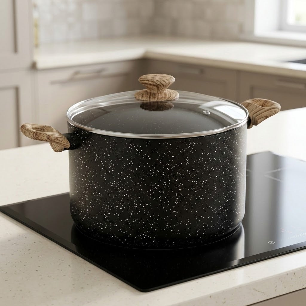 A black speckled pot with a clear glass lid and light wood handles sits on a black induction cooktop in a bright kitchen.