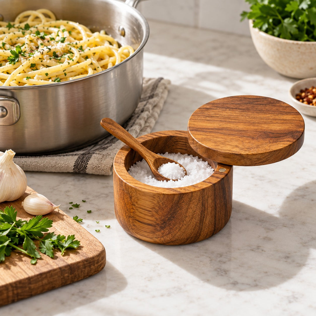 Acacia wood salt cellar sits open beside a pasta pot for quick seasoning while cooking.