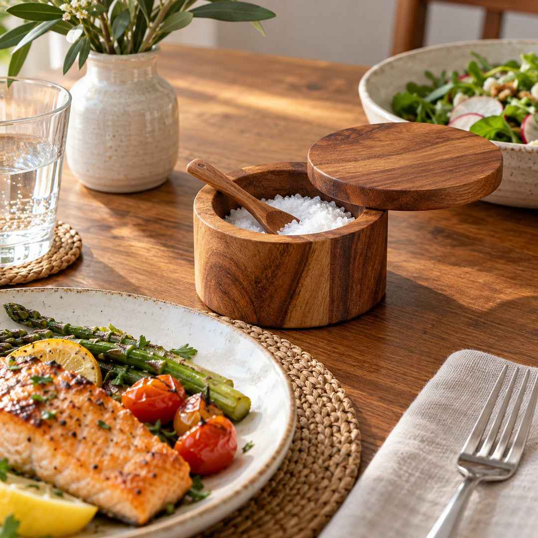 Open acacia wood salt cellar and spoon sit beside a plated meal on a dining table.