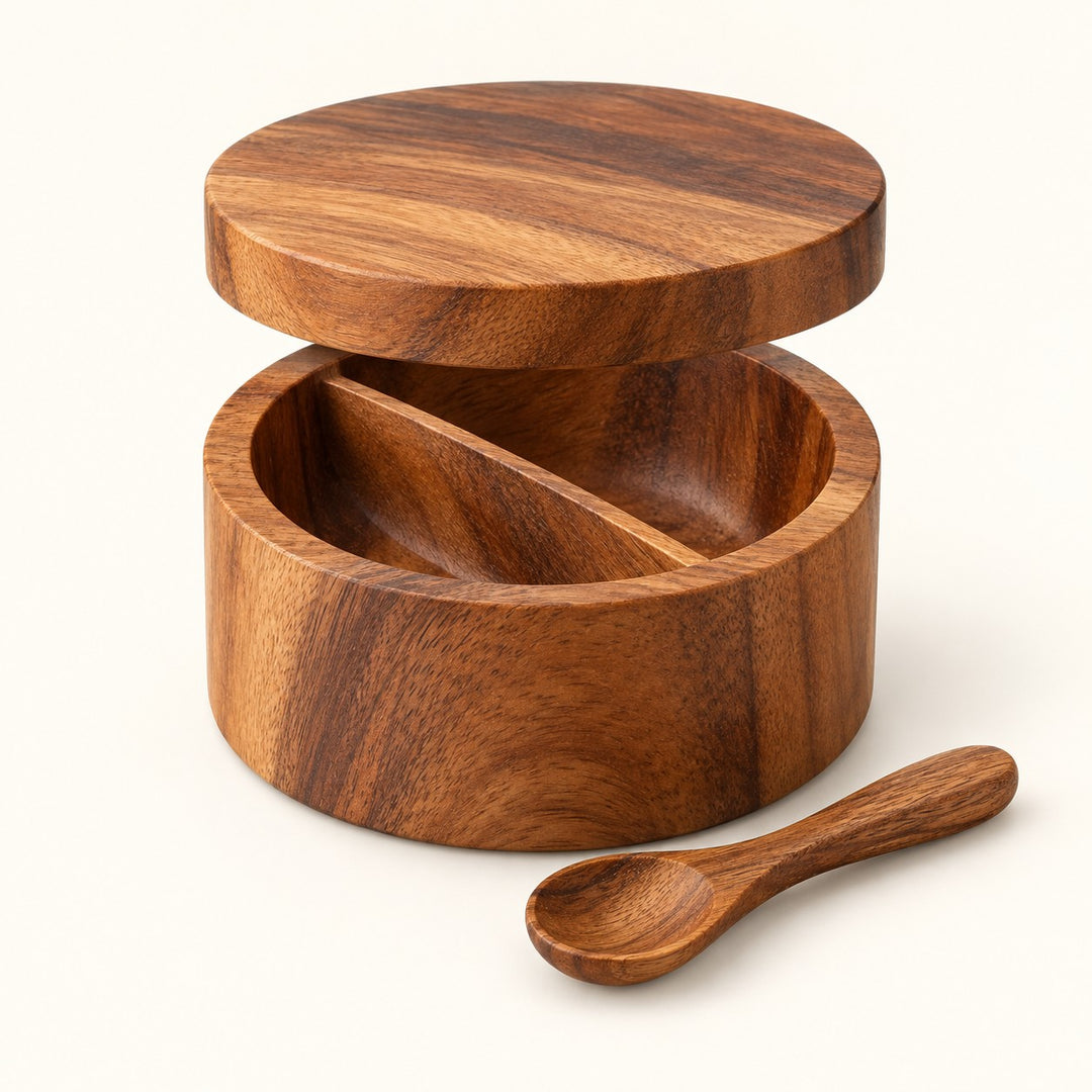Divided acacia wood salt cellar with removable lid and spoon shown on a cream studio backdrop.
