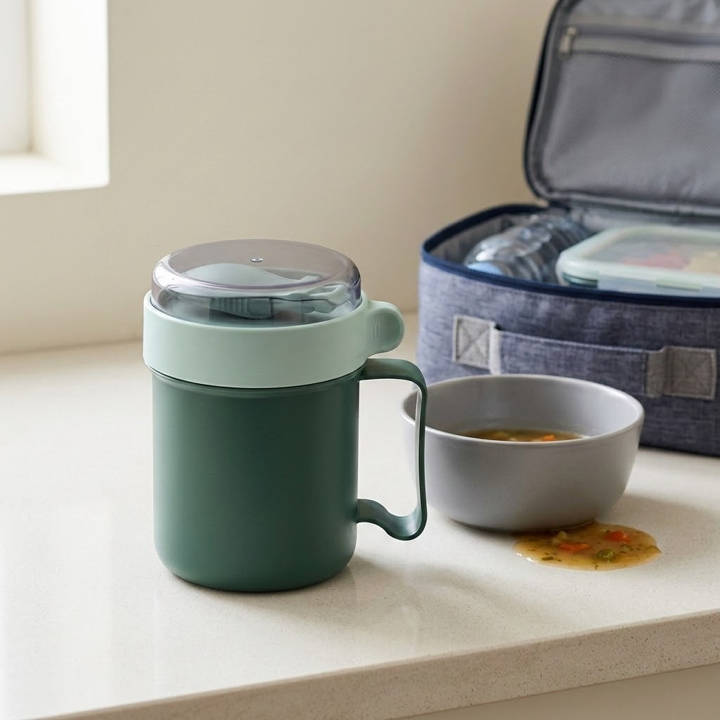 Green plastic soup mug with clear-topped lid stands beside a bowl of spilled soup, with an open insulated lunch bag behind.