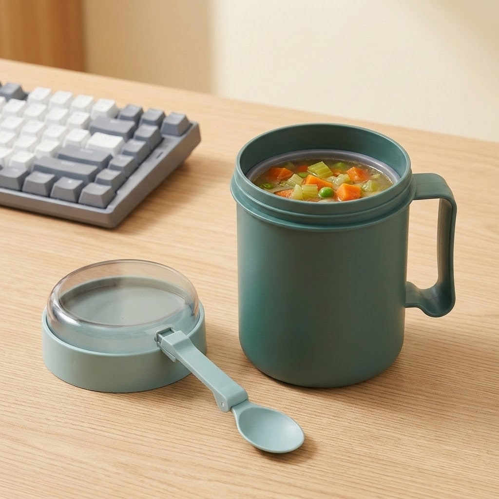Green plastic mug filled with vegetable soup sits beside its detached lid and unfolded spoon on a wooden desk near a keyboard.
