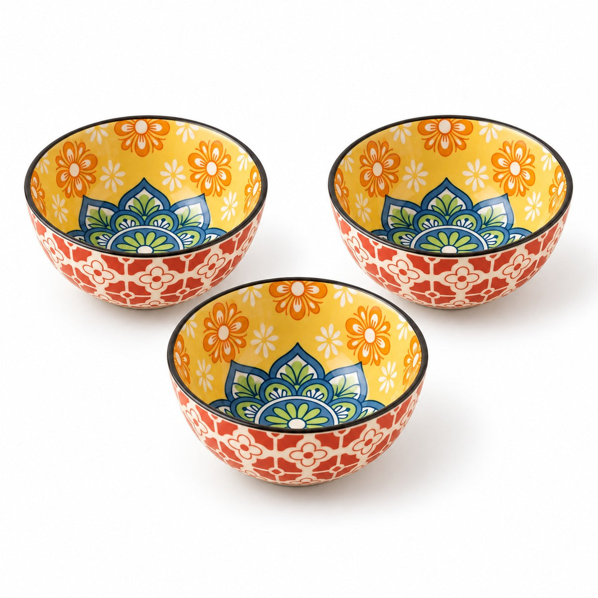 Three Bohemian Ceramic Sauce Bowls arranged together on a pure white studio background.