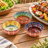 Bohemian Ceramic Sauce Bowls serve separate condiments beside a grilled BBQ meal outdoors.