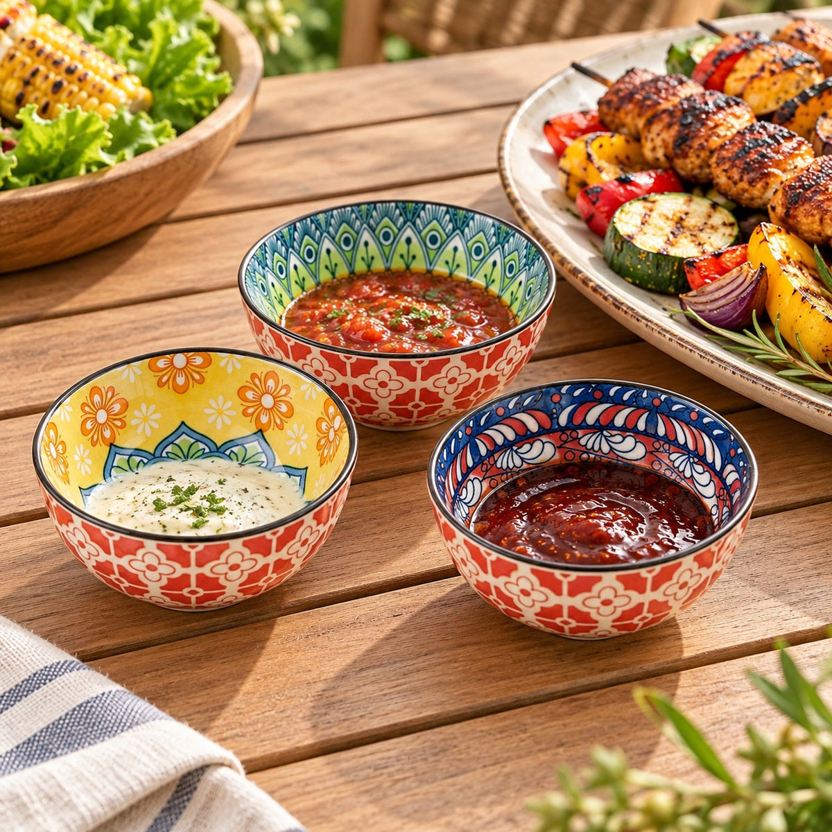 Bohemian Ceramic Sauce Bowls serve separate condiments beside a grilled BBQ meal outdoors.