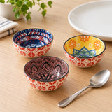Small Bohemian Ceramic Sauce Bowls shown beside a dinner plate and teaspoon for scale.