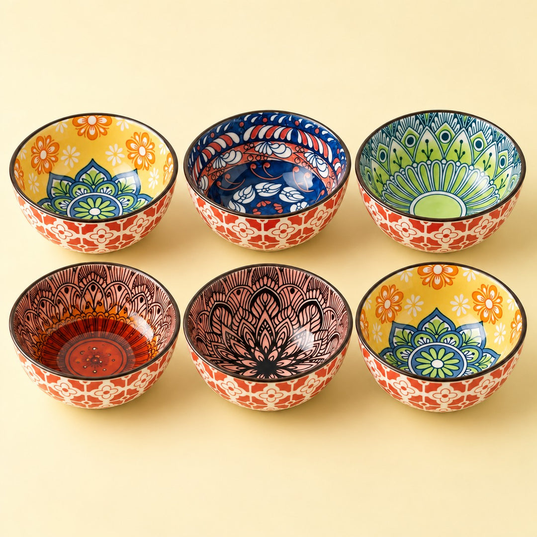 Set of 6 Bohemian Ceramic Sauce Bowls arranged in two rows on a warm studio backdrop.