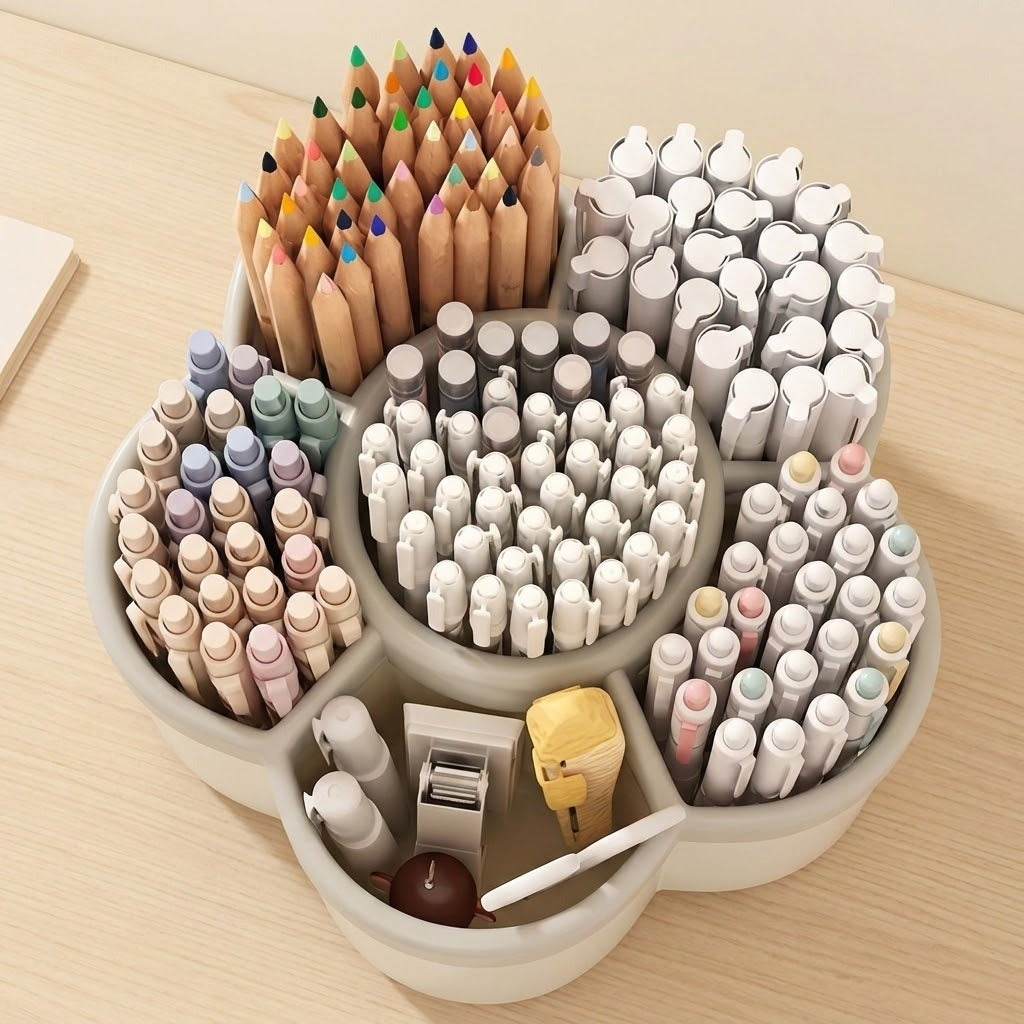 A circular, multi-compartment desk organizer filled with stationery items, including colored pencils, pens, markers, a yellow pencil, and small accessories, set on a light wood desk.