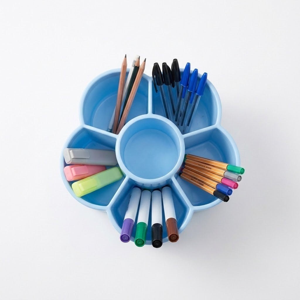 A light blue flower-shaped plastic desk organizer filled with various stationery items, including colored pencils, pens, markers, and highlighters, on a clean white background.