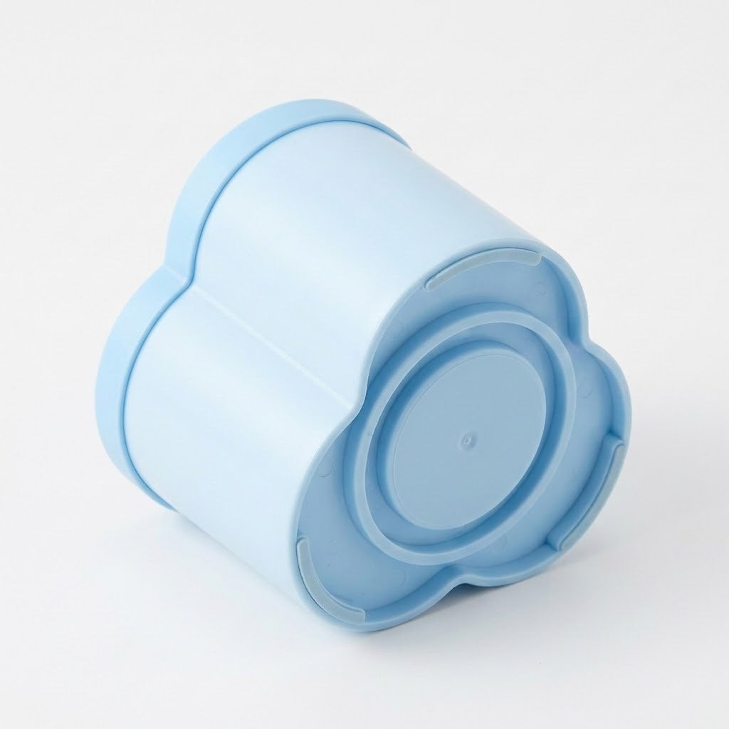 A light blue flower-shaped plastic container or cup with a matching screw-on lid, shown on a clean white background.