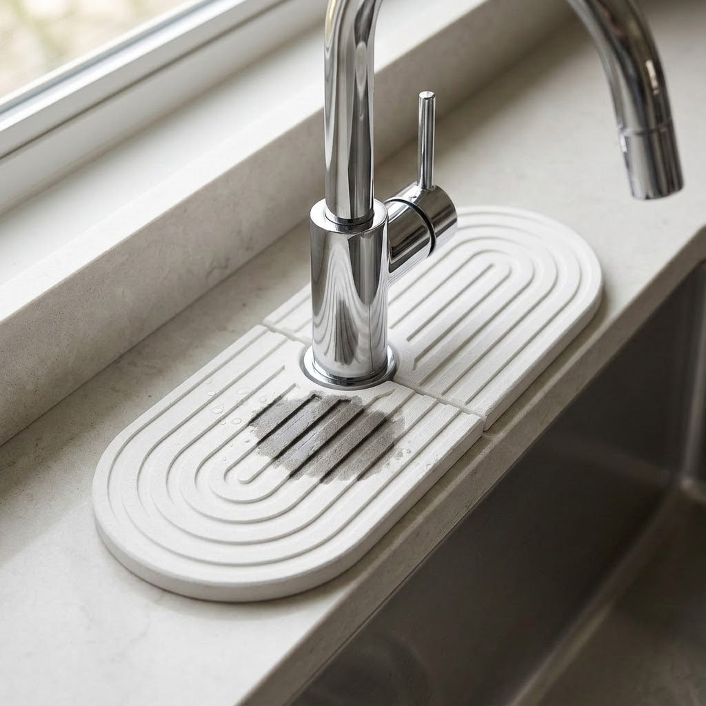 A white silicone kitchen sink drain guard with a ribbed oval design and a slotted center, shown installed under a chrome faucet on a light stone countertop.
