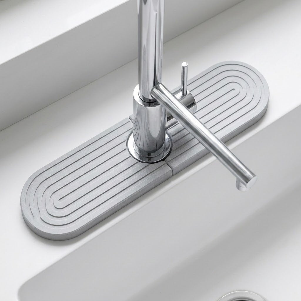 Light gray two-piece grooved diatomite mat fits around a chrome faucet on a white sink ledge, viewed from above.