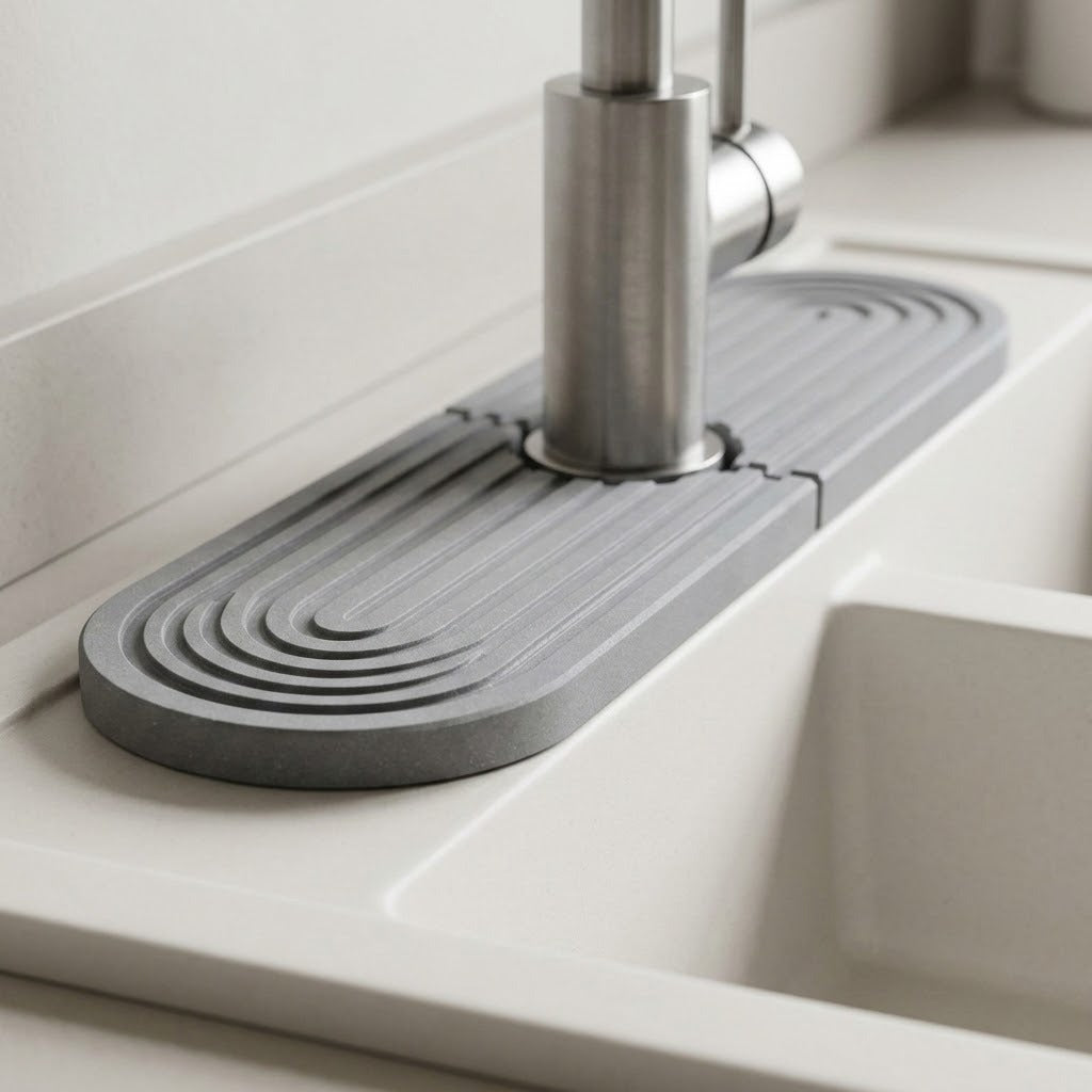 Gray grooved diatomite mat surrounds a brushed metal faucet on a white sink ledge, with rounded edges shown close up.