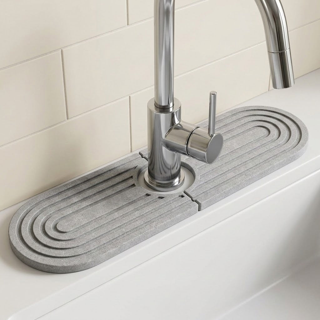 Light gray grooved diatomite mat forms two halves around a chrome faucet against a cream tiled backsplash.
