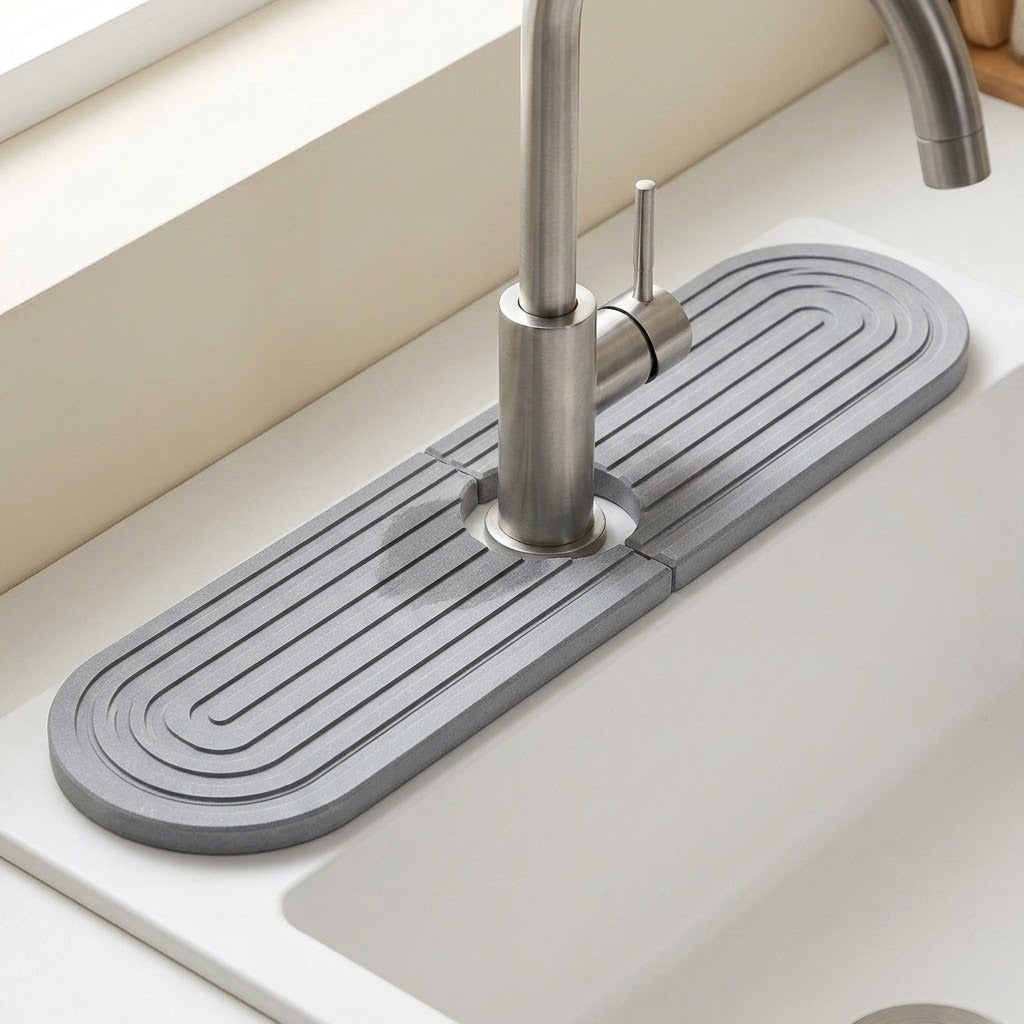 Medium gray grooved diatomite mat surrounds a brushed metal faucet on a white sink ledge beneath a window.