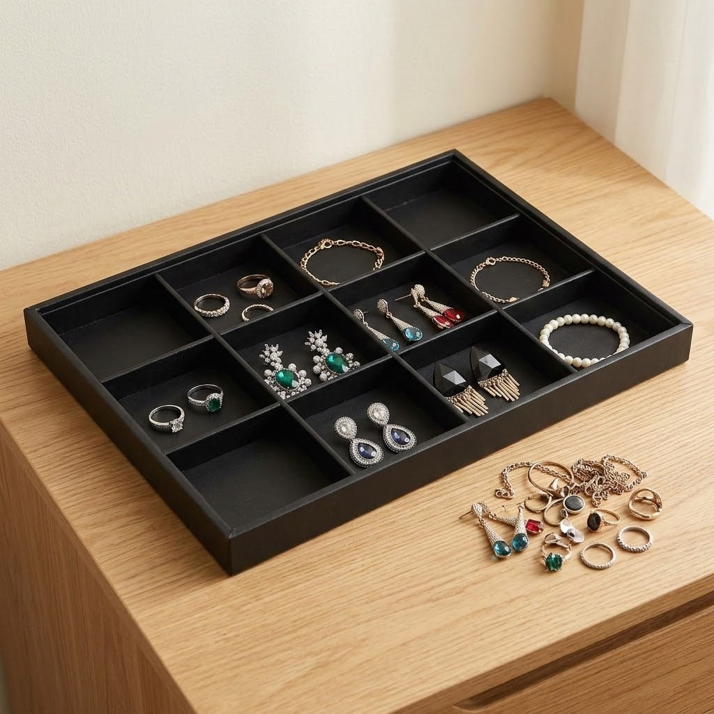A black rectangular jewelry organizer tray with multiple compartments, shown holding assorted rings, earrings, bracelets, and necklaces on a light wood surface. A few loose jewelry pieces sit beside the tray.
