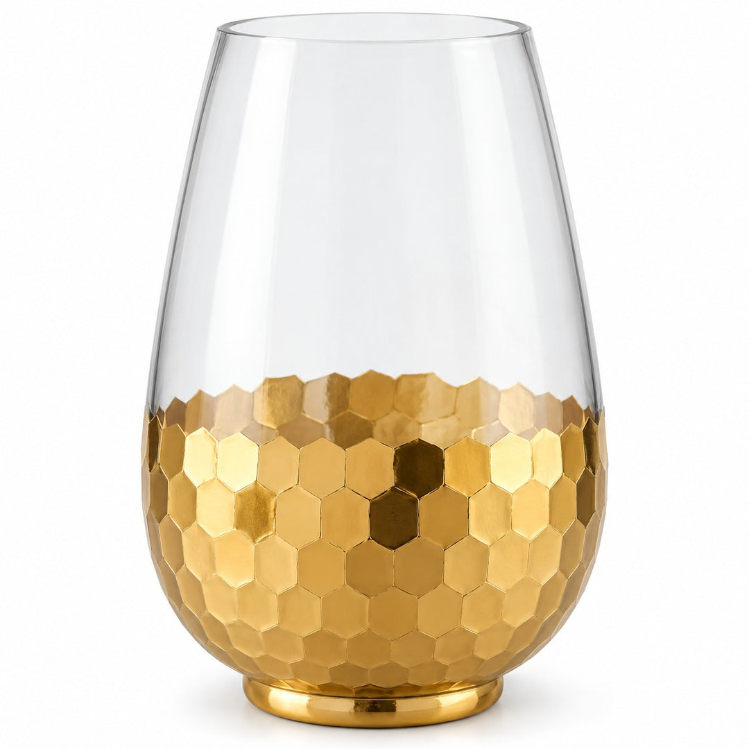 One Gold Honeycomb Glass Vase stands alone on a white background with its full shape visible.