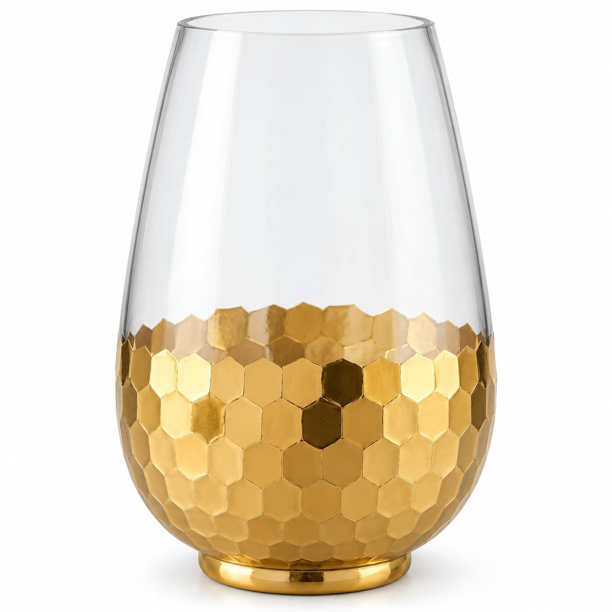 One Gold Honeycomb Glass Vase stands alone on a white background with its full shape visible.