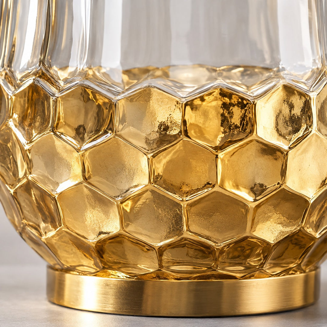 Gold Honeycomb Glass Vase close-up reveals clear glass and reflective honeycomb-textured gold finish.