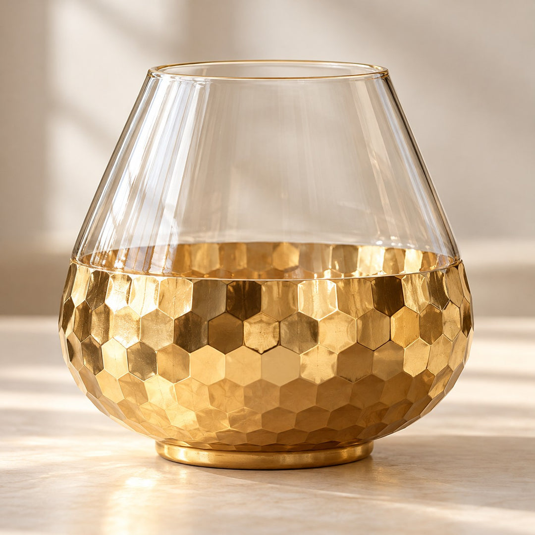 Gold Honeycomb Glass Vase shown in a hero view highlighting its reflective faceted gold lower band.