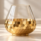 Gold Honeycomb Glass Vase shown in a hero view highlighting its reflective faceted gold lower band.