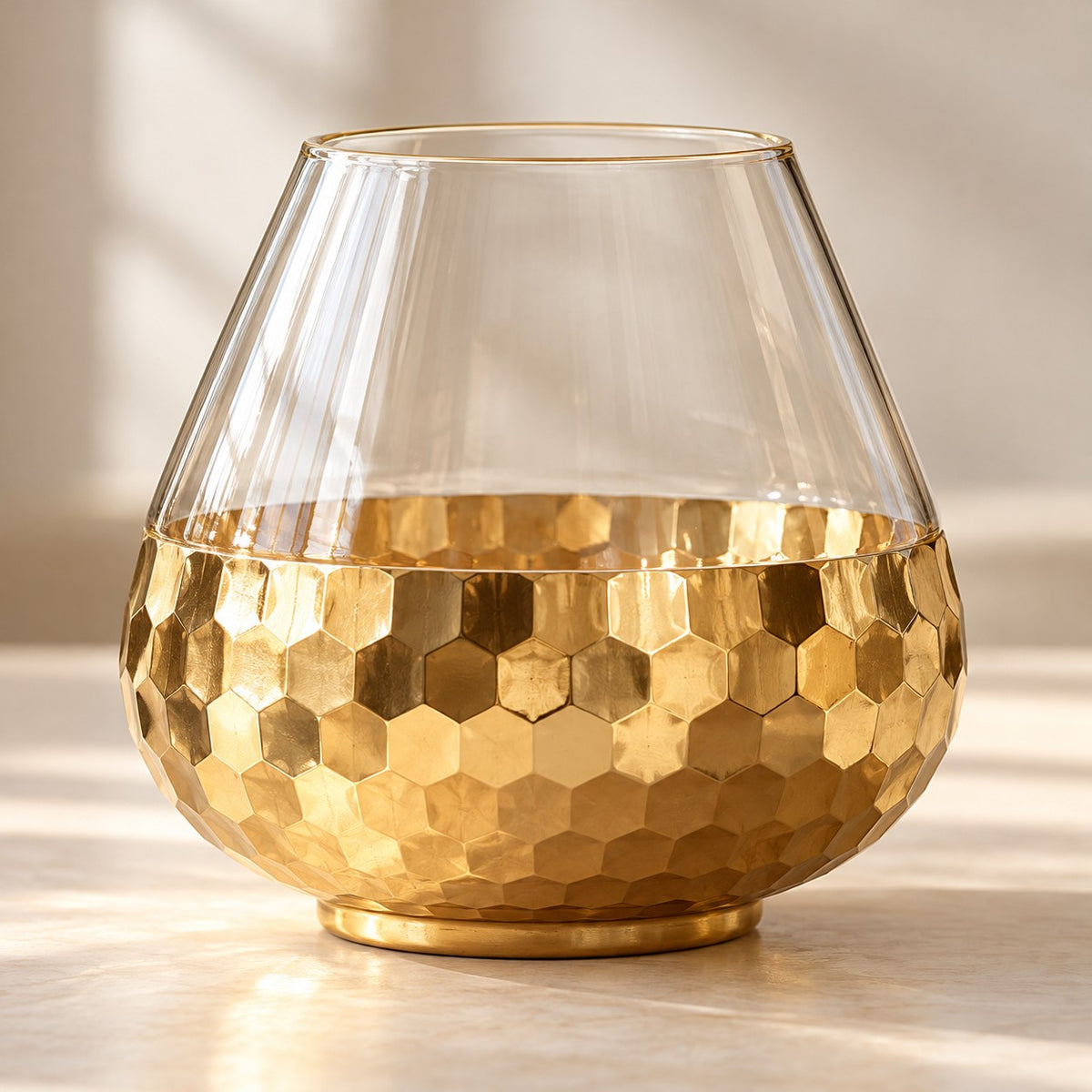 Gold Honeycomb Glass Vase shown in a hero view highlighting its reflective faceted gold lower band.