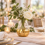 Gold Honeycomb Glass Vase styles a wedding table with understated white flowers and neutral linen.