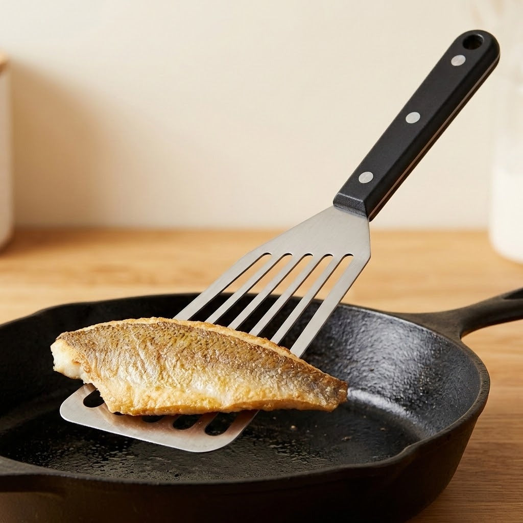 A silver slotted spatula with a black riveted handle lifts a browned fish fillet over a black skillet on a wooden counter.