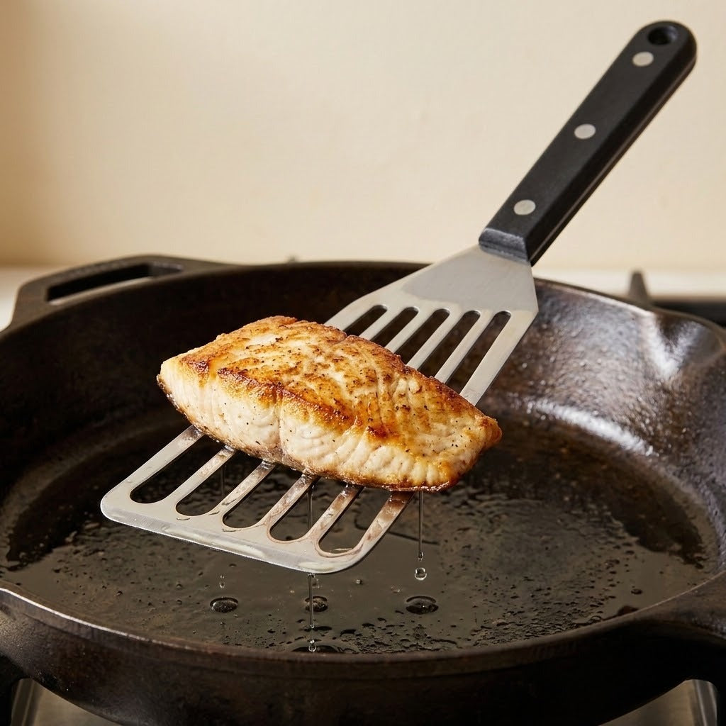 A black-handled silver slotted spatula holds a browned fish fillet above a black skillet, with oil dripping through the slots.