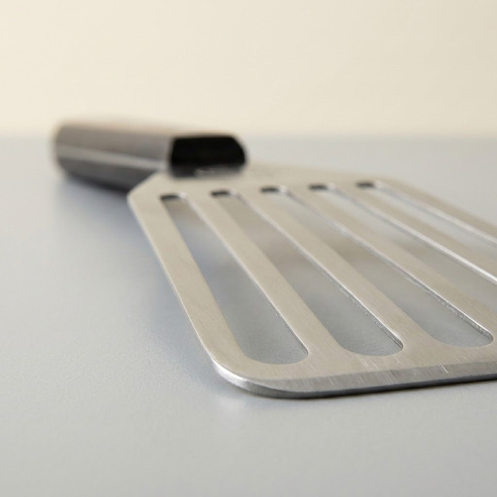 A stainless steel slotted spatula with a rectangular handle, shown in a close-up shot on a neutral gray surface with a warm beige background.
