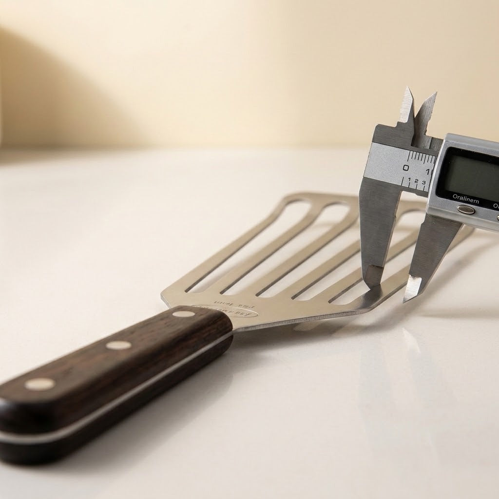 Digital calipers grip the silver edge of a slotted spatula with a black riveted handle on a white surface.