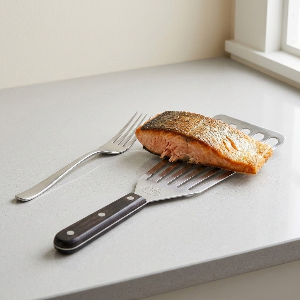Cooked salmon rests on a silver slotted spatula with a dark riveted handle beside a fork on a light countertop near a window.