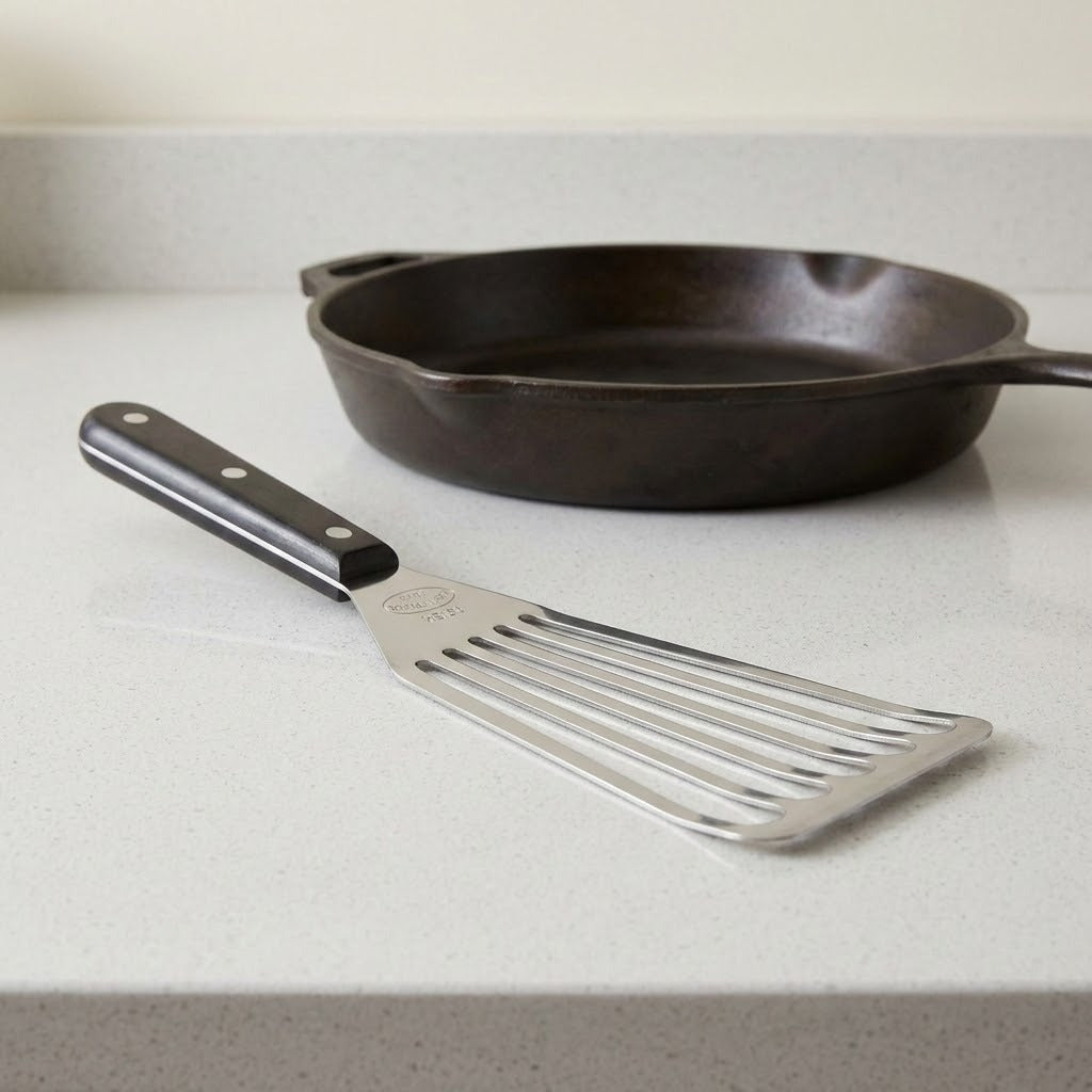 A silver slotted spatula with a black riveted handle rests on a white countertop in front of a black skillet.