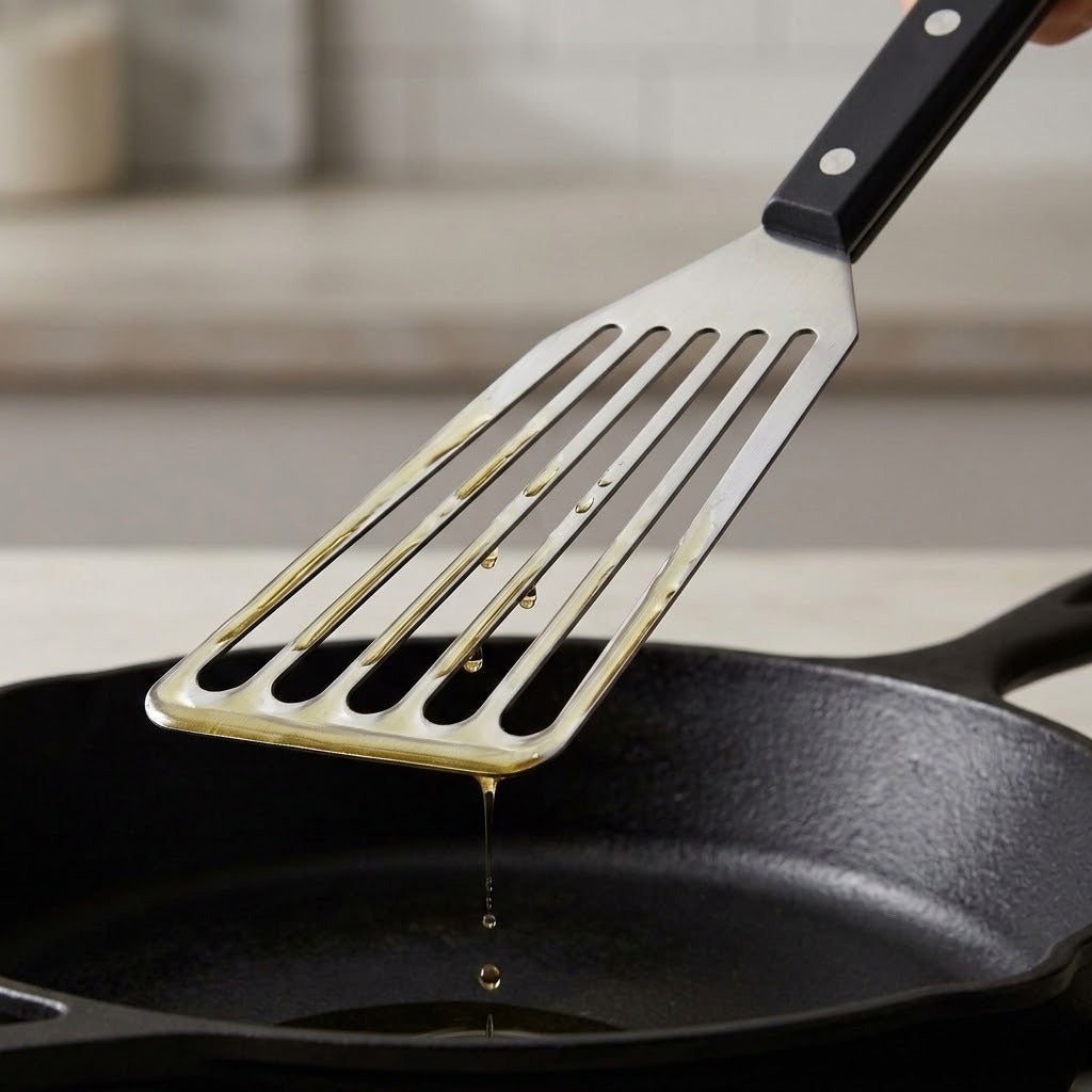 Oil drips from a silver slotted spatula with a black riveted handle held above a black skillet.