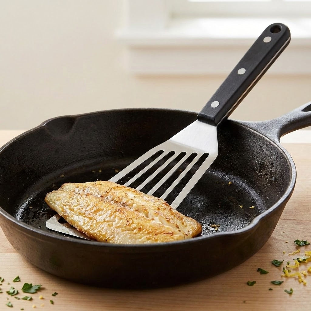 A black-handled silver slotted spatula sits beneath a browned fish fillet in a black skillet, with chopped herbs scattered on the wooden counter.