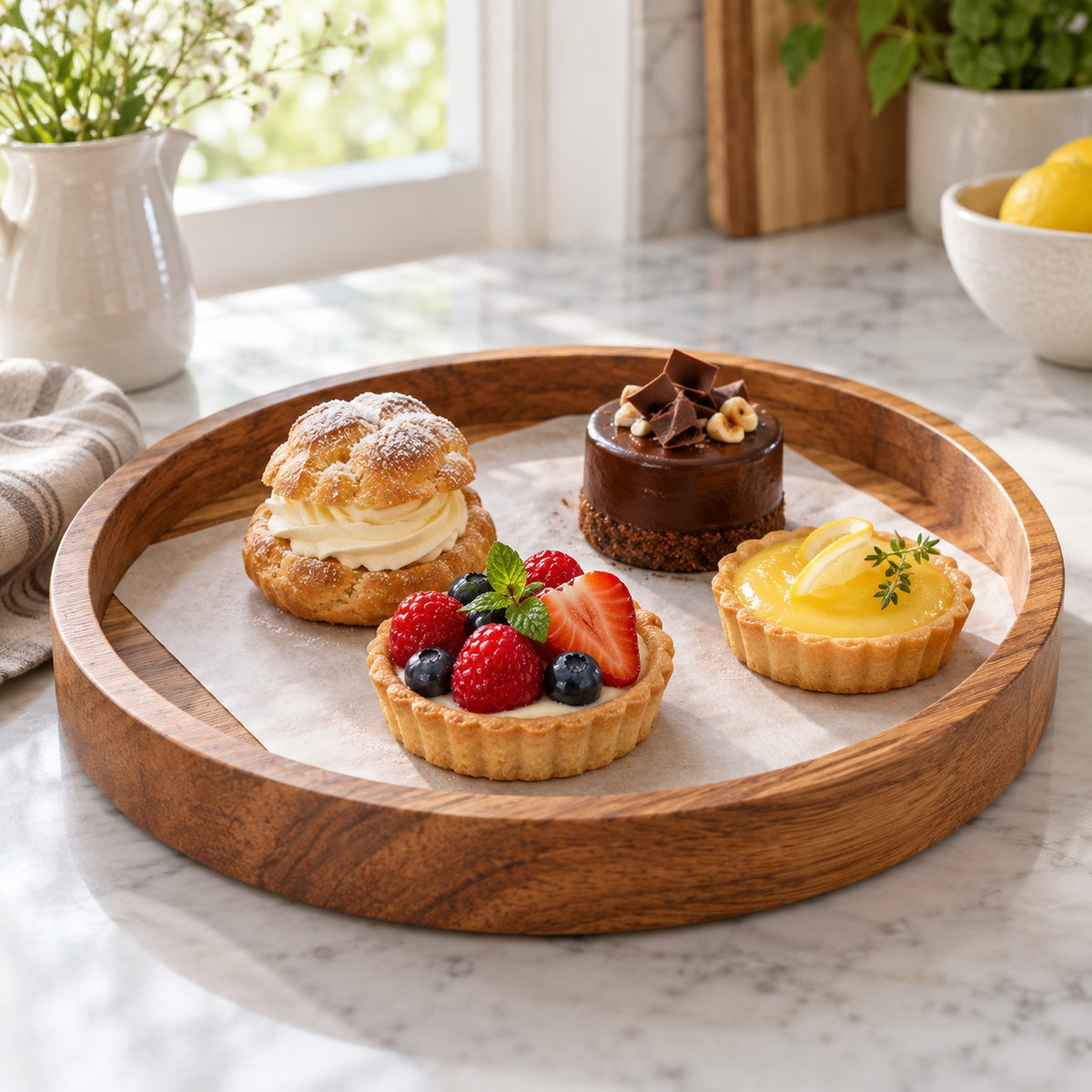 Round wooden serving tray presents small pastries in a bright kitchen, with its raised edge visible.