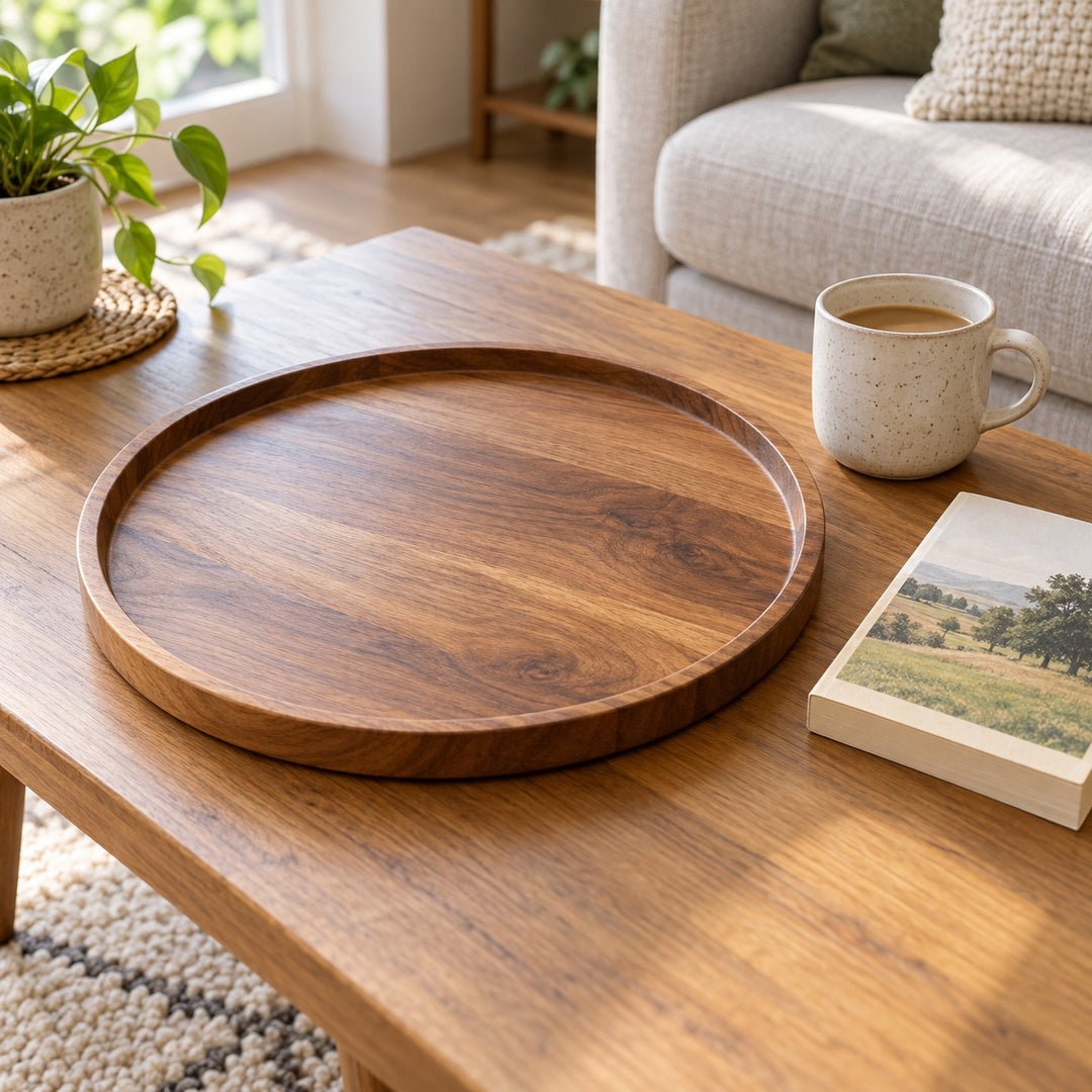 Large round wooden serving tray beside a ceramic mug and paperback book on a coffee table.