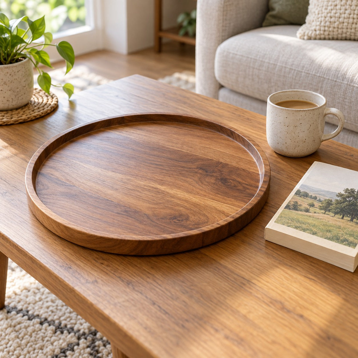 Large round wooden serving tray beside a ceramic mug and paperback book on a coffee table.