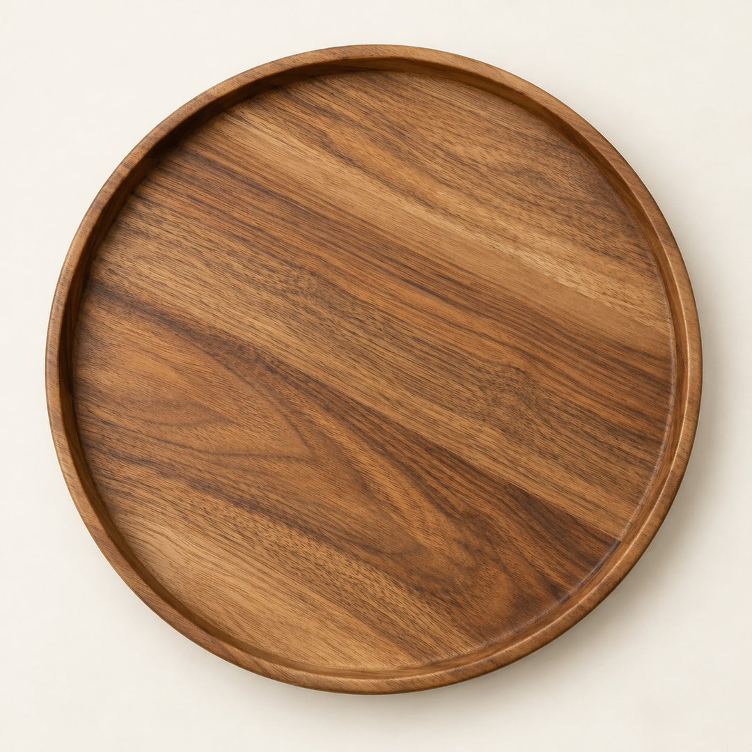Large 29.5 cm round wooden serving tray centered on a light warm studio background.