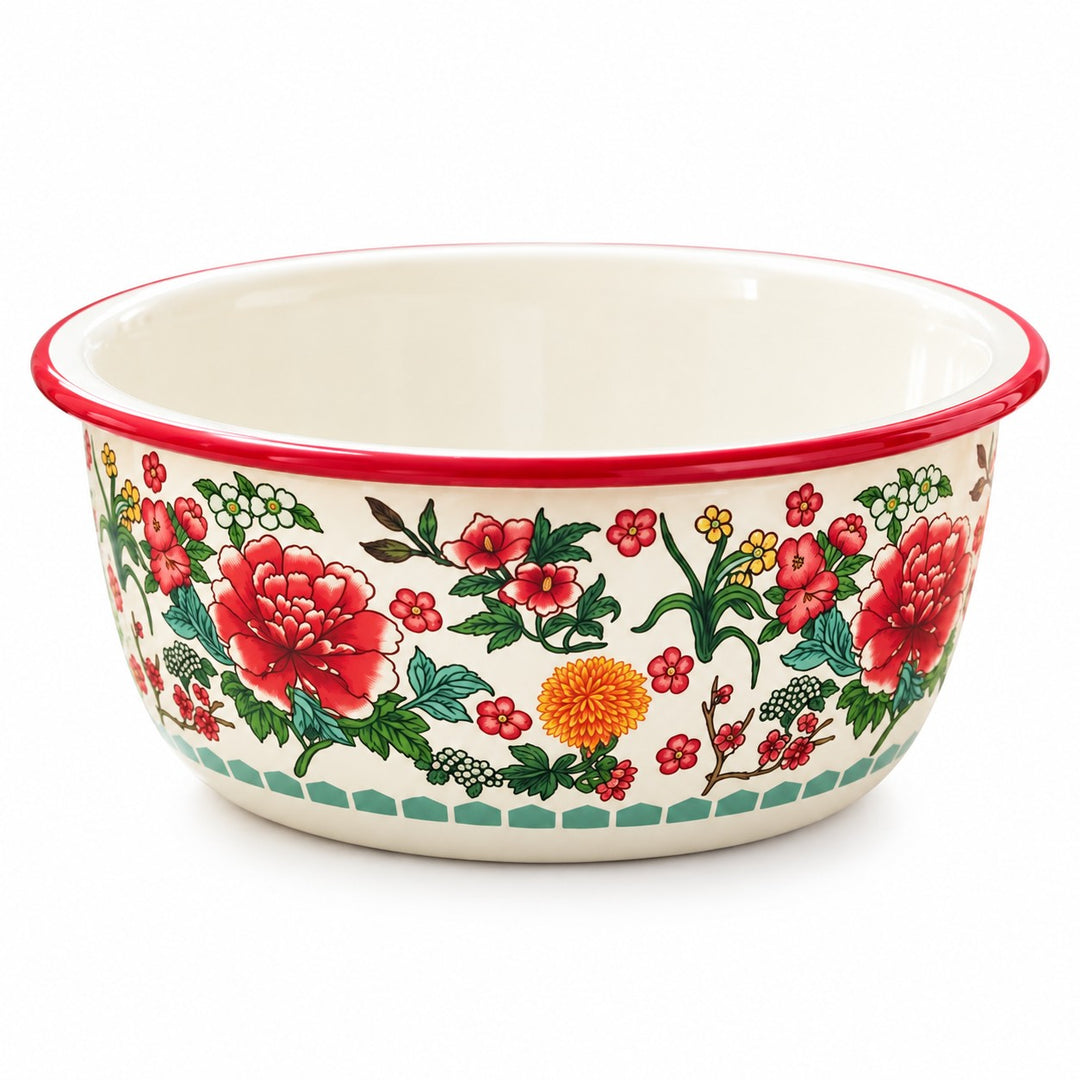A single Red Floral enamel kitchen basin stands alone against a clean white studio background.