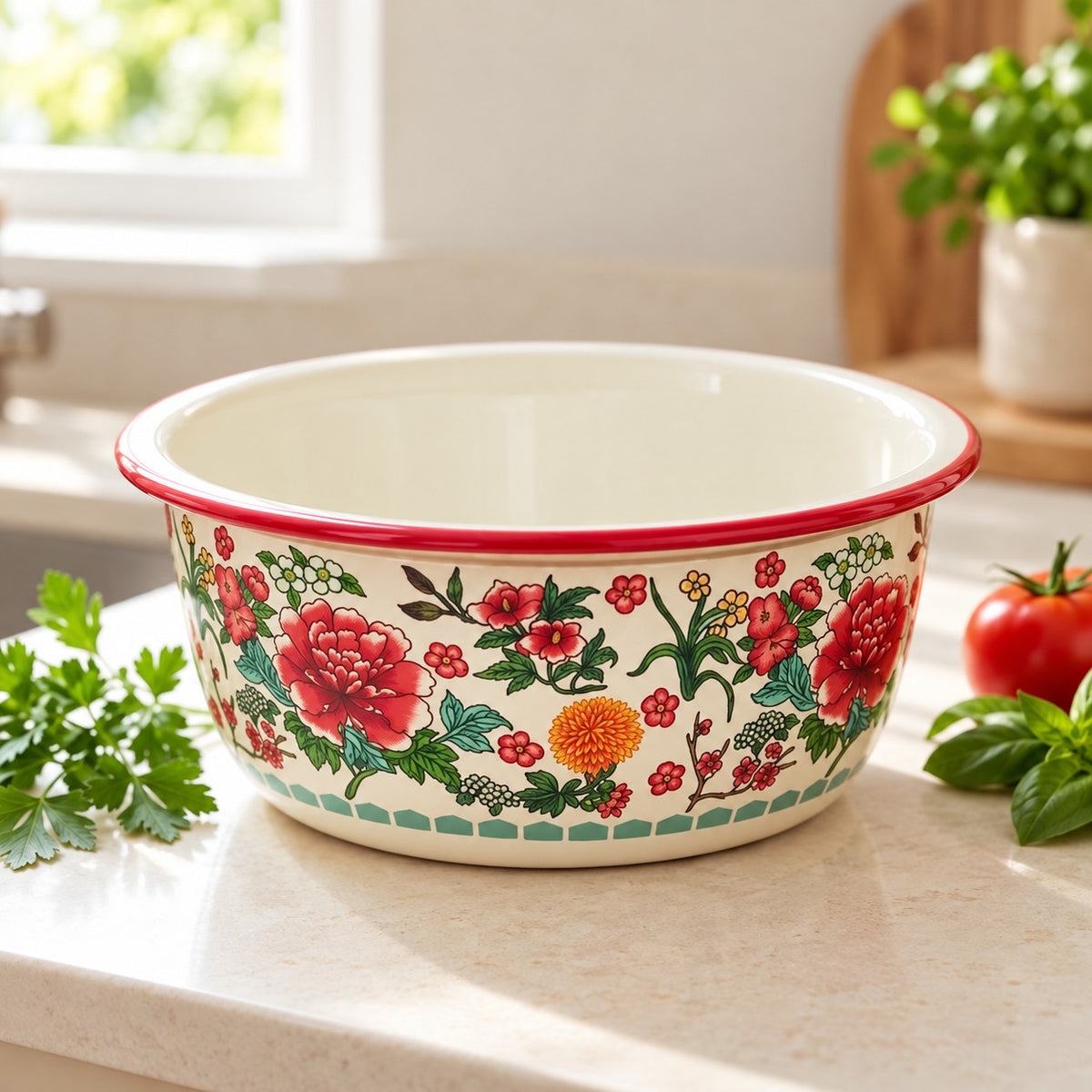 Red Floral enamel kitchen basin with a glossy rolled rim and decorative flowers on a kitchen counter.