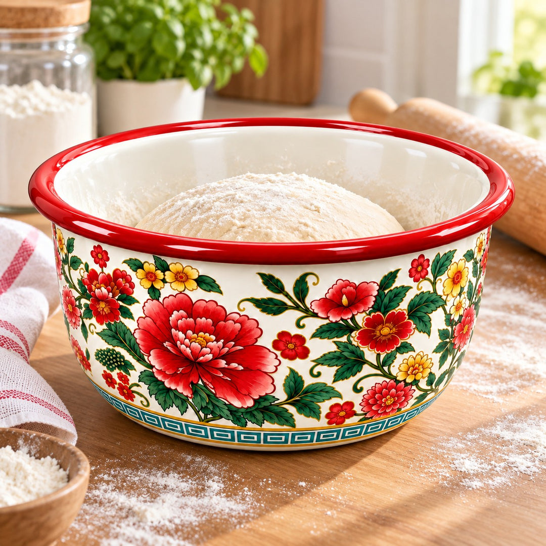 Red Floral enamel kitchen basin holds dough during bread preparation on a sunlit kitchen counter.
