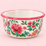 Pink Floral enamel kitchen basin with a pale pink rim and botanical pattern on a blush studio backdrop.
