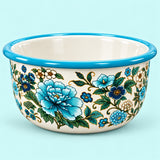 Teal and Gold Floral enamel kitchen basin with ornate flowers and a turquoise rim on an aqua backdrop.