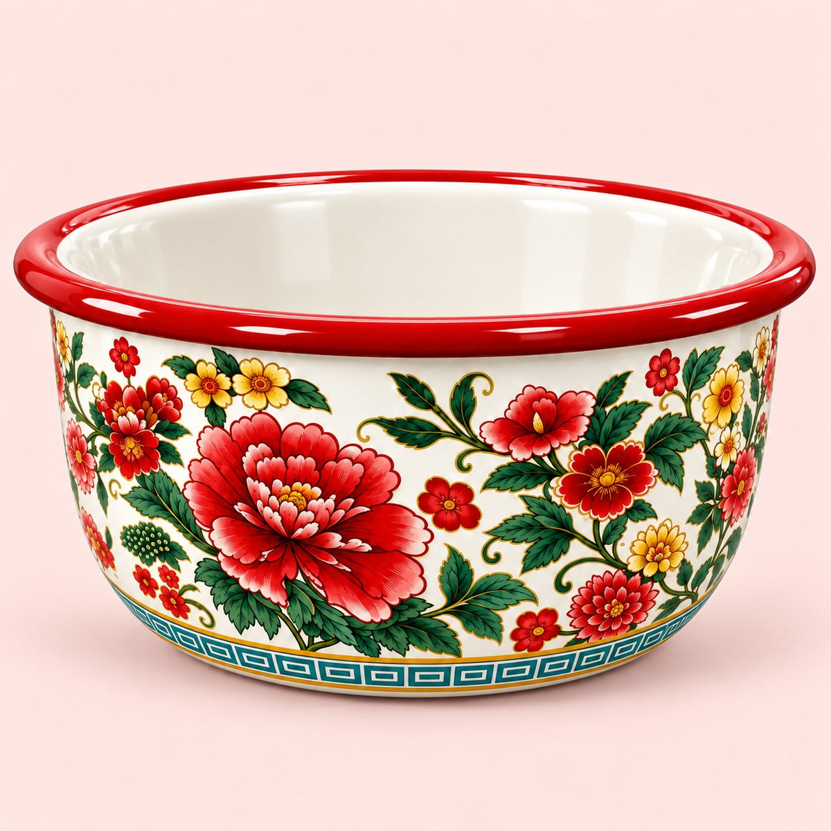 Red Floral enamel kitchen basin with a bright red rim and peony pattern on a soft blush backdrop.